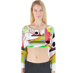 Green Abstract Artwork Long Sleeve Crop Top by Valentinaart