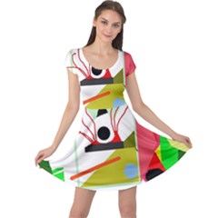 Green Abstract Artwork Cap Sleeve Dresses