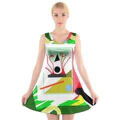 Green Abstract Artwork V-neck Sleeveless Skater Dress