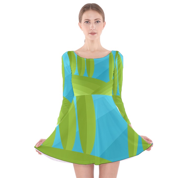 Green and blue landscape Long Sleeve Velvet Skater Dress