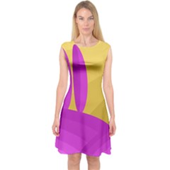 Yellow And Magenta Landscape Capsleeve Midi Dress