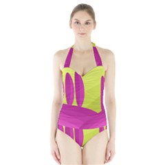 Yellow And Pink Landscape Halter Swimsuit