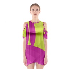 Yellow And Pink Landscape Cutout Shoulder Dress