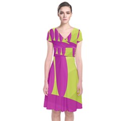 Yellow And Pink Landscape Short Sleeve Front Wrap Dress