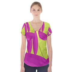 Yellow And Pink Landscape Short Sleeve Front Detail Top