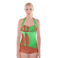 Green And Orange Landscape Boyleg Halter Swimsuit  by Valentinaart