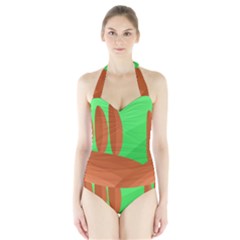 Green And Orange Landscape Halter Swimsuit