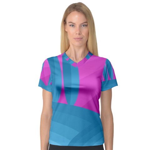 Pink And Blue Landscape Women s V-neck Sport Mesh Tee by Valentinaart