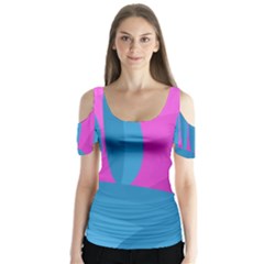 Pink And Blue Landscape Butterfly Sleeve Cutout Tee 