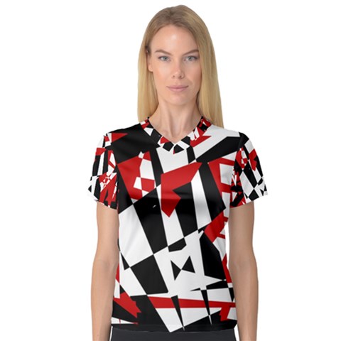 Red, Black And White Chaos Women s V-neck Sport Mesh Tee by Valentinaart