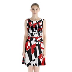 Red, Black And White Chaos Sleeveless Chiffon Waist Tie Dress