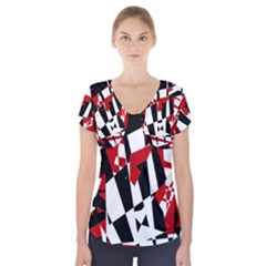 Red, Black And White Chaos Short Sleeve Front Detail Top by Valentinaart