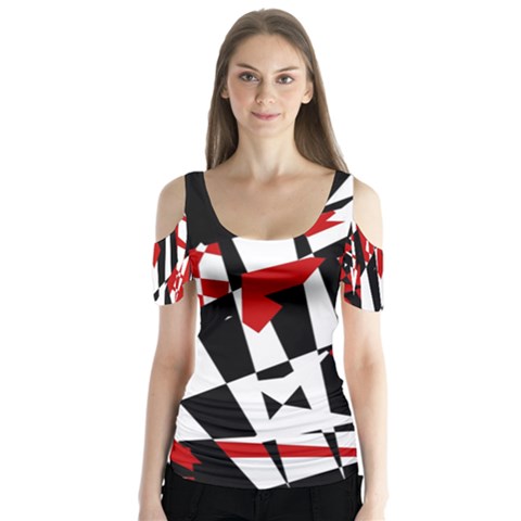 Red, Black And White Chaos Butterfly Sleeve Cutout Tee  by Valentinaart