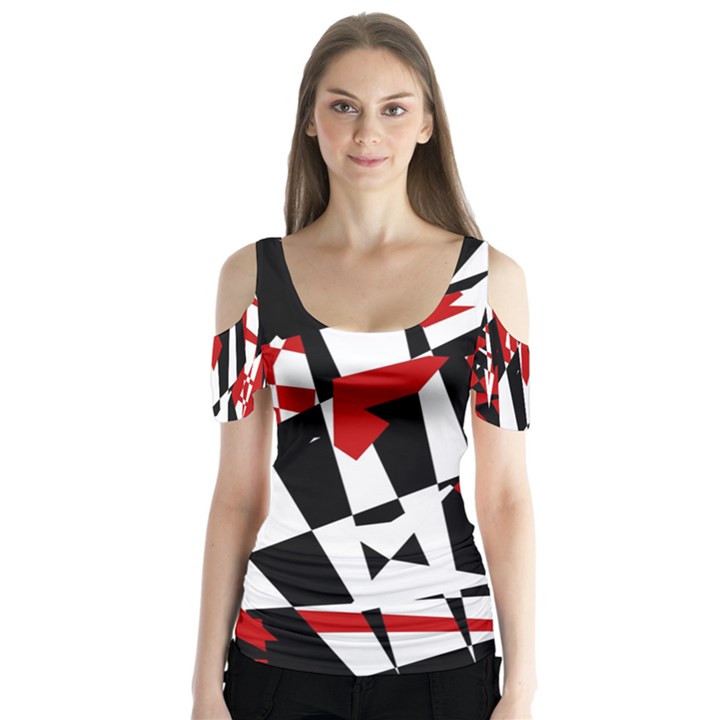 Red, black and white chaos Butterfly Sleeve Cutout Tee 