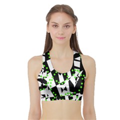 Black, White And Green Chaos Sports Bra With Border by Valentinaart