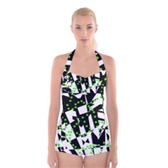 Black, White And Green Chaos Boyleg Halter Swimsuit 