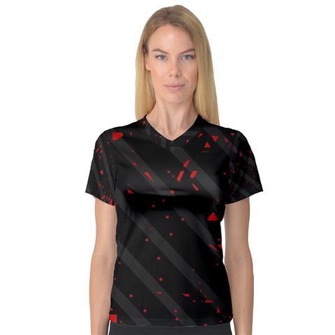 Black And Red Women s V-neck Sport Mesh Tee by Valentinaart