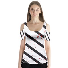 Elegant Black, Red And White Lines Butterfly Sleeve Cutout Tee 