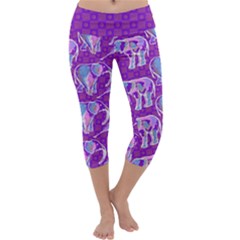 Cute Violet Elephants Pattern Capri Yoga Leggings