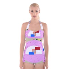 Decorative Abstract Circle Boyleg Halter Swimsuit 