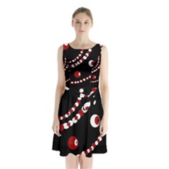 Red Pearls Sleeveless Chiffon Waist Tie Dress