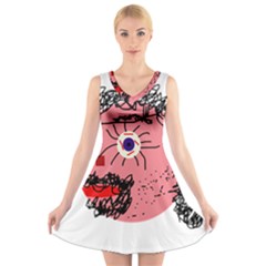 Abstract Face V-neck Sleeveless Skater Dress