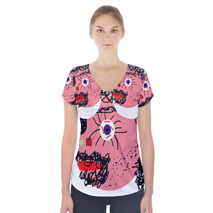 Abstract face Short Sleeve Front Detail Top