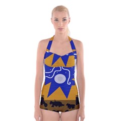 Decorative Abstraction Boyleg Halter Swimsuit 