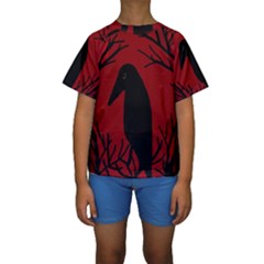 Halloween Raven - Red Kid s Short Sleeve Swimwear