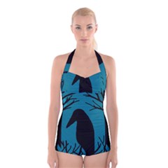 Halloween Raven - Blue Boyleg Halter Swimsuit 