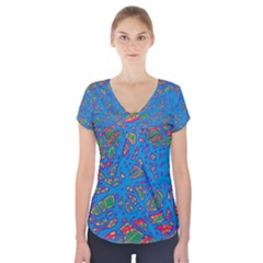 Colorful Neon Chaos Short Sleeve Front Detail Top