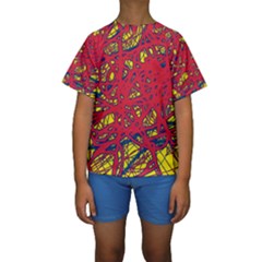 Yellow And Red Neon Design Kid s Short Sleeve Swimwear