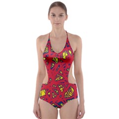 Yellow And Red Neon Design Cut-out One Piece Swimsuit