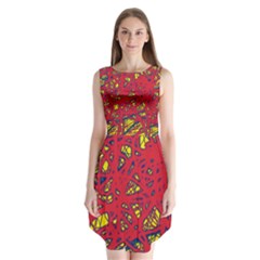 Yellow And Red Neon Design Sleeveless Chiffon Dress  