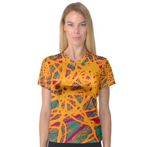 Orange Neon Chaos Women s V-neck Sport Mesh Tee by Valentinaart