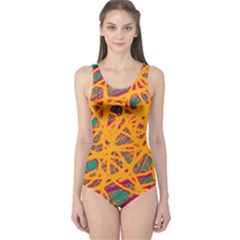 Orange Neon Chaos One Piece Swimsuit by Valentinaart