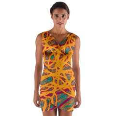 Orange Neon Chaos Wrap Front Bodycon Dress