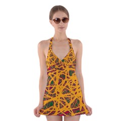 Yellow Neon Chaos Halter Swimsuit Dress