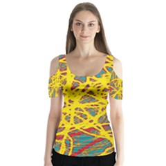 Yellow Neon Butterfly Sleeve Cutout Tee 