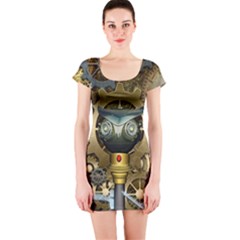 Steampunk, Awesome Owls With Clocks And Gears Short Sleeve Bodycon Dress