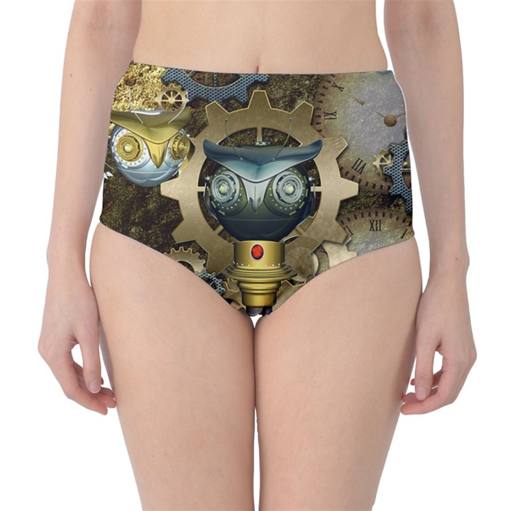 Steampunk, Awesome Owls With Clocks And Gears High-Waist Bikini Bottoms