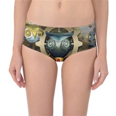 Steampunk, Awesome Owls With Clocks And Gears Mid-waist Bikini Bottoms