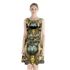 Steampunk, Awesome Owls With Clocks And Gears Sleeveless Chiffon Waist Tie Dress