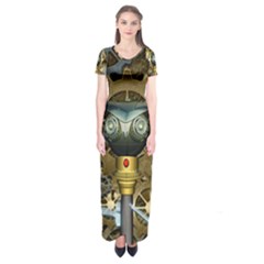 Steampunk, Awesome Owls With Clocks And Gears Short Sleeve Maxi Dress