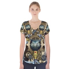 Steampunk, Awesome Owls With Clocks And Gears Short Sleeve Front Detail Top