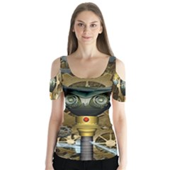 Steampunk, Awesome Owls With Clocks And Gears Butterfly Sleeve Cutout Tee 