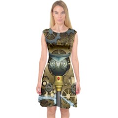 Steampunk, Awesome Owls With Clocks And Gears Capsleeve Midi Dress