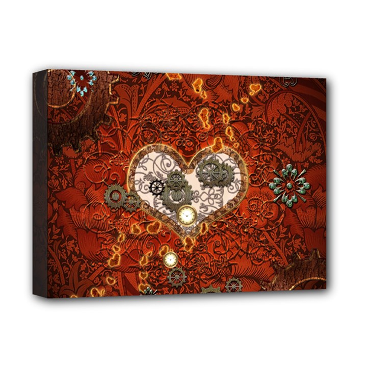 Steampunk, Wonderful Heart With Clocks And Gears On Red Background Deluxe Canvas 16  x 12  