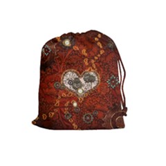 Steampunk, Wonderful Heart With Clocks And Gears On Red Background Drawstring Pouches (large)  by FantasyWorld7