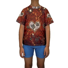 Steampunk, Wonderful Heart With Clocks And Gears On Red Background Kid s Short Sleeve Swimwear